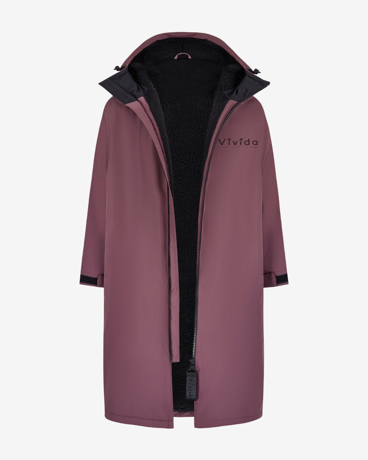 Lead_men2 - Woman wearing a Vivida sherpa weatherproof changing robe Purple Dusky Damson