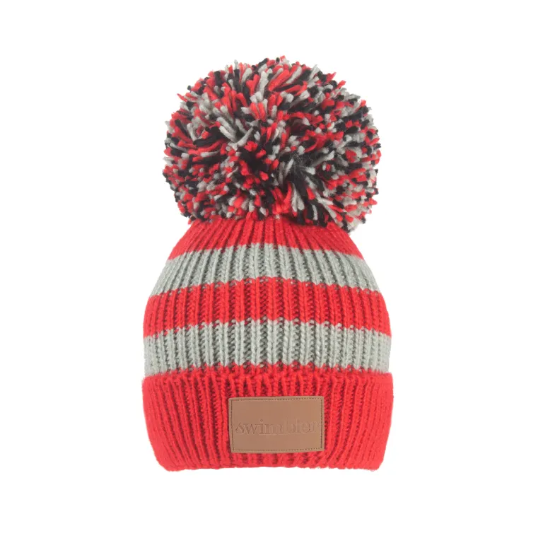 Swimbler Red Grey Waterproof Bobble Hat