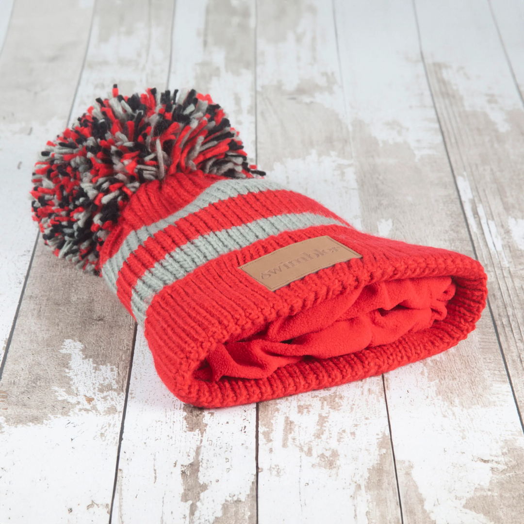 Swimbler Red Grey Waterproof Bobble Hat