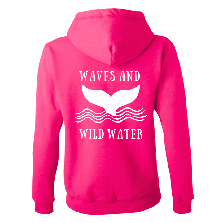 The back of the Waves and Wild Water Water Lily pink hoodie showing the large whale tail logo coming out of the waves. The logo is hand printed in white vegan ink and contrasts perfectly with the bright pink of the hoodie, making this the go to choice for wild  simmers and sea dippers.