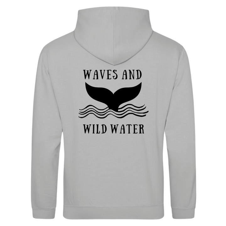 The back of the Waves and Wild Water grey mist hoodie showing the large whale tail logo coming out of the waves. The logo is hand printed in black vegan ink and contrasts perfectly with the moody grey of the hoodie, making this the go to choice for wild  simmers and sea dippers.