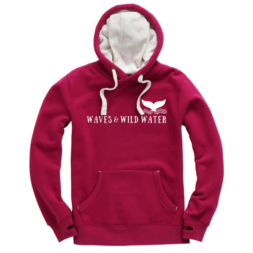 Waves and Wild Water sunset serenade hoodie with white inner hood and matching white draw cord. The Waves and Wild Water logo is hand screen printed across the front in white water based ink. We love to cosy up in this hoodie after a cold water swim especially as it has thumb holes.