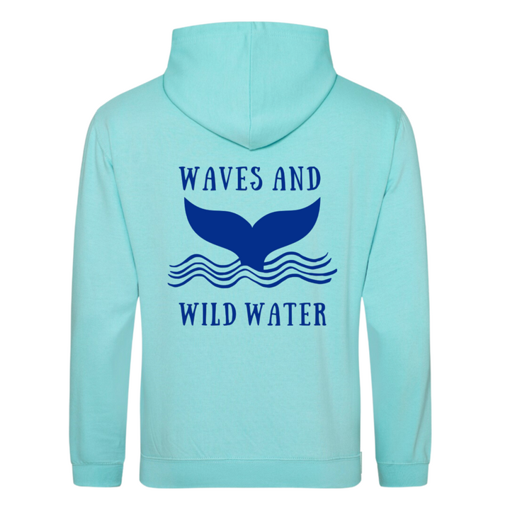 The back of our Waves and Wild Water heavyweight hoodie in our bestselling lagoon blue. The large whale tail logo is printed in deep blue vegan ink, making this hoodie a firm favourite for any open water enthusiast.