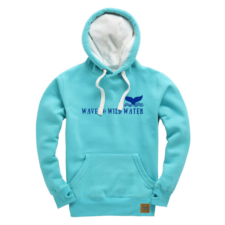 The front of our exclusive Waves and Wild Water heavyweight hoodie in lagoon blue. This hoodie has a contrasting white waffle hood lining and matching cord. The logo is displayed across the front in deep blue ink.