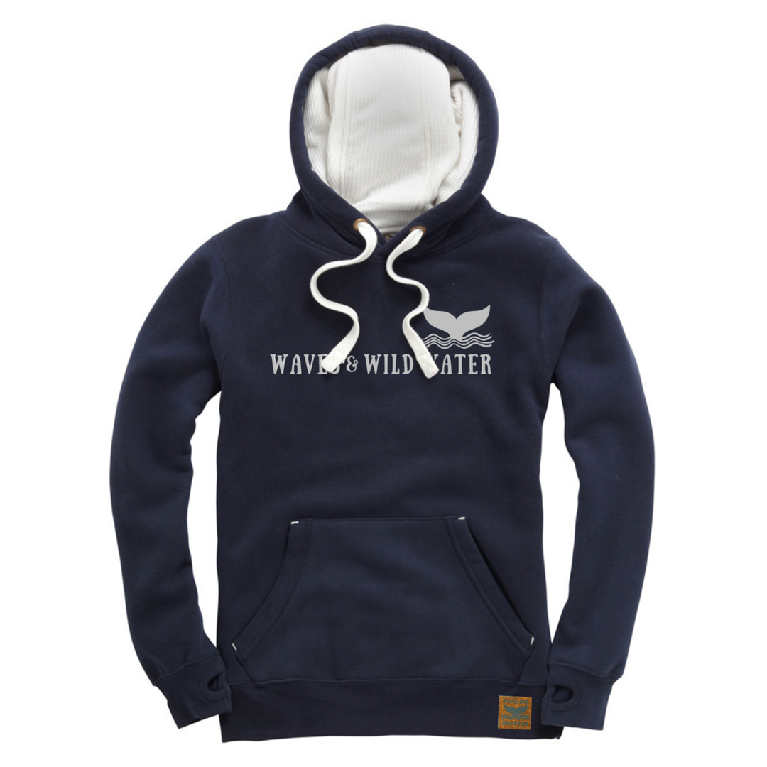 The front of our exclusive Waves and Wild Water heavyweight hoodie in navy blue. This hoodie has a contrasting white waffle hood lining and matching cord. The logo is displayed across the front in metallic silver print.