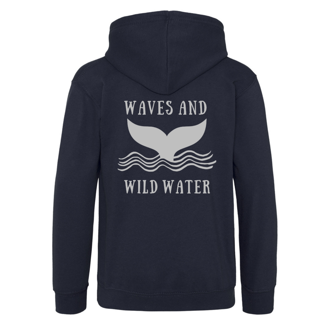 The back of our Waves and Wild Water heavyweight hoodie in navy blue. The large whale tail logo is printed in silver metallic vegan ink, making this hoodie a firm favourite for any open water enthusiast.