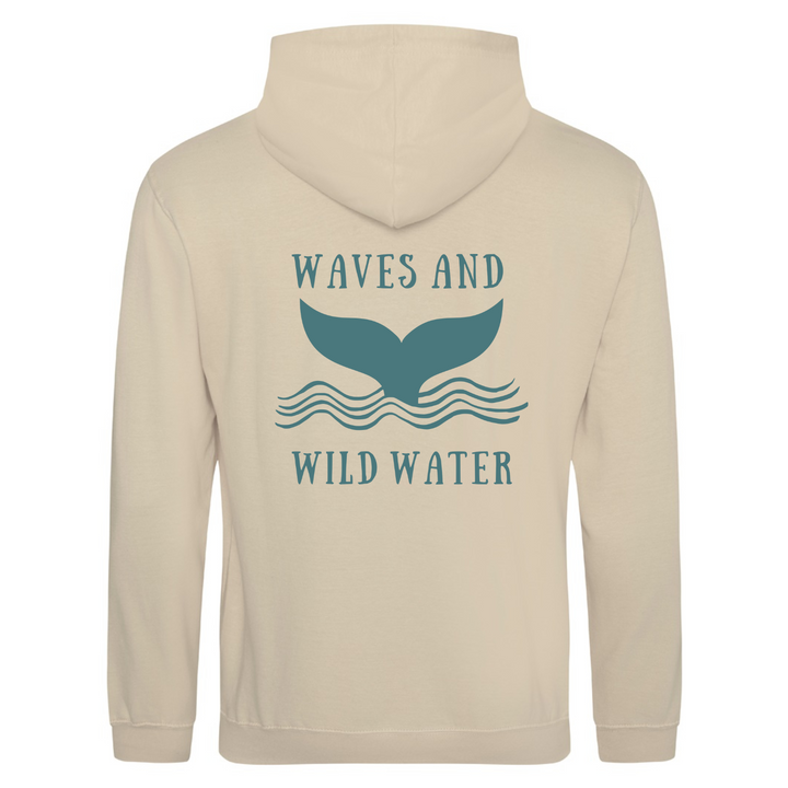 The back of the Waves and Wild Water Winter Swim hoodie showing the large whale tail logo coming out of the waves. The logo is hand printed in branded blue vegan ink and contrasts perfectly with the ivory colour of the hoodie, making this the go to choice for wild  simmers and sea dippers.