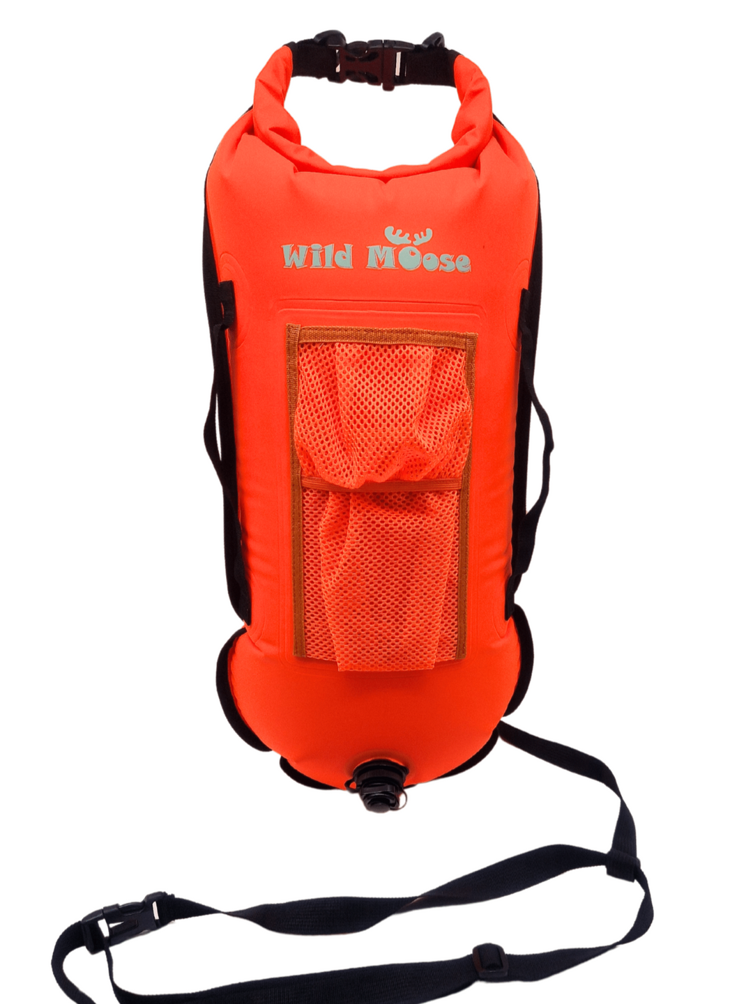 28L bright orange tow floats with mesh top pocket and black handles and leash