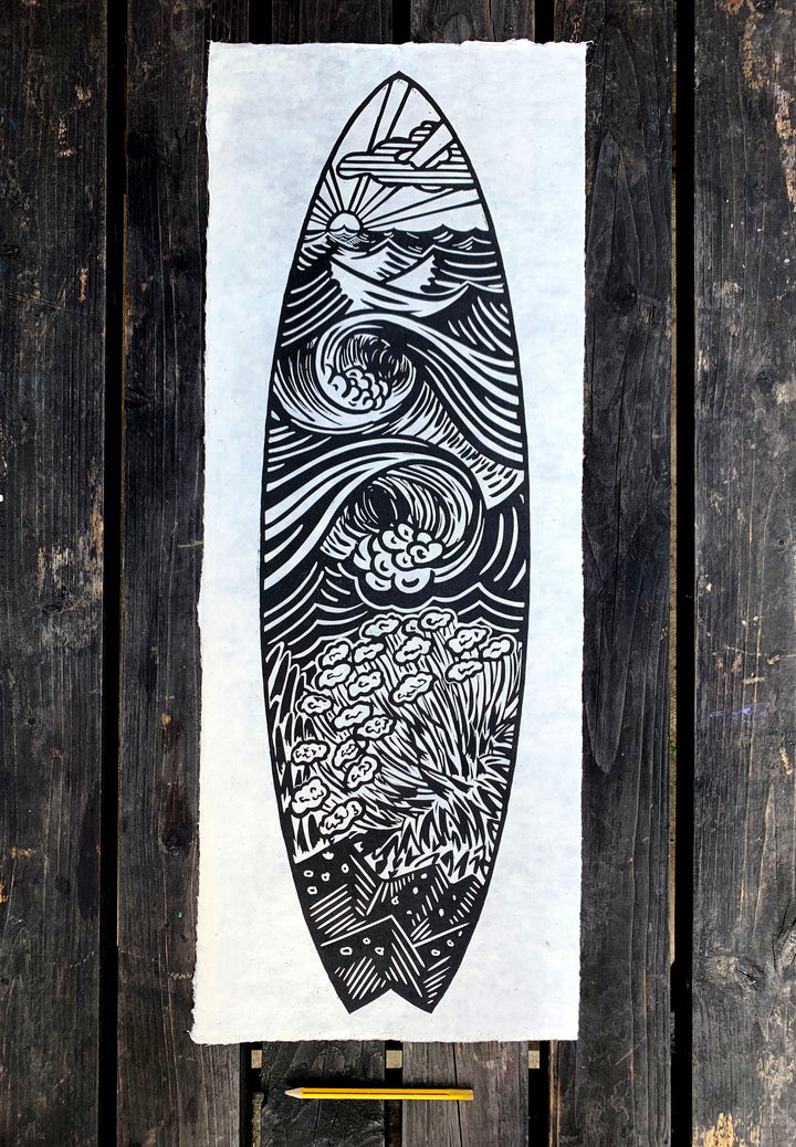 Linocut Print - Pintail Surfboard