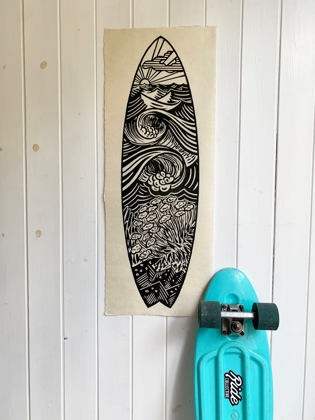 Linocut Print - Pintail Surfboard