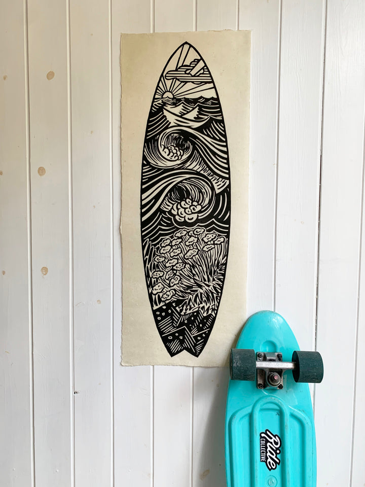 Linocut Print - Pintail Surfboard