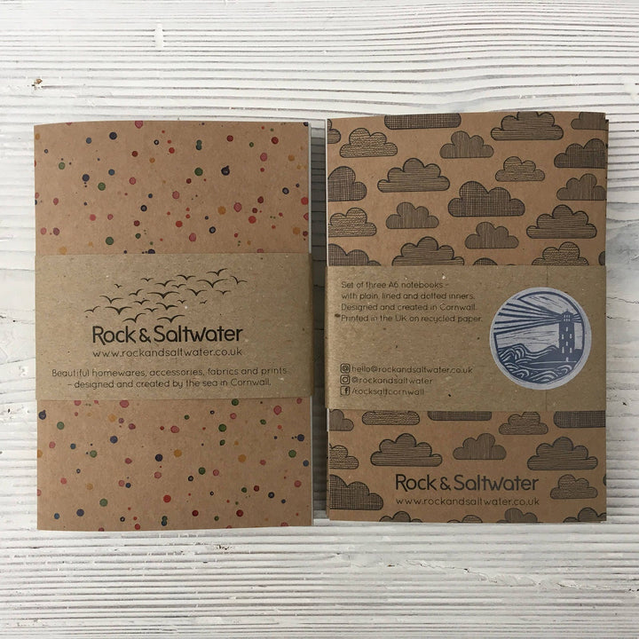 Notebooks | set of 3 A6 | clouds, seagulls and paint illustrations