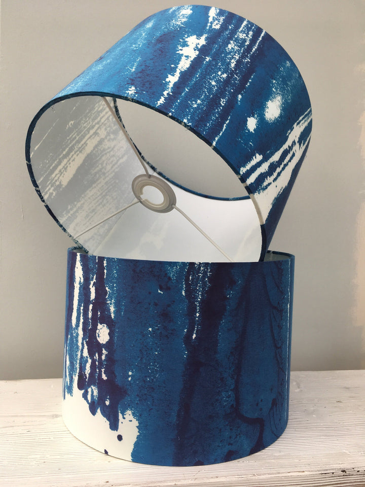 Sea print lampshade, 30cm diameter, handmade drum light shade, blue abstract sea print fabric