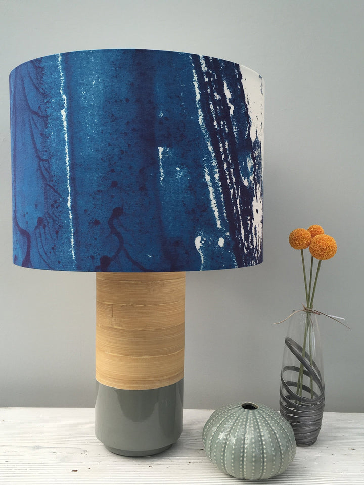 Sea print lampshade, 30cm diameter, handmade drum light shade, blue abstract sea print fabric