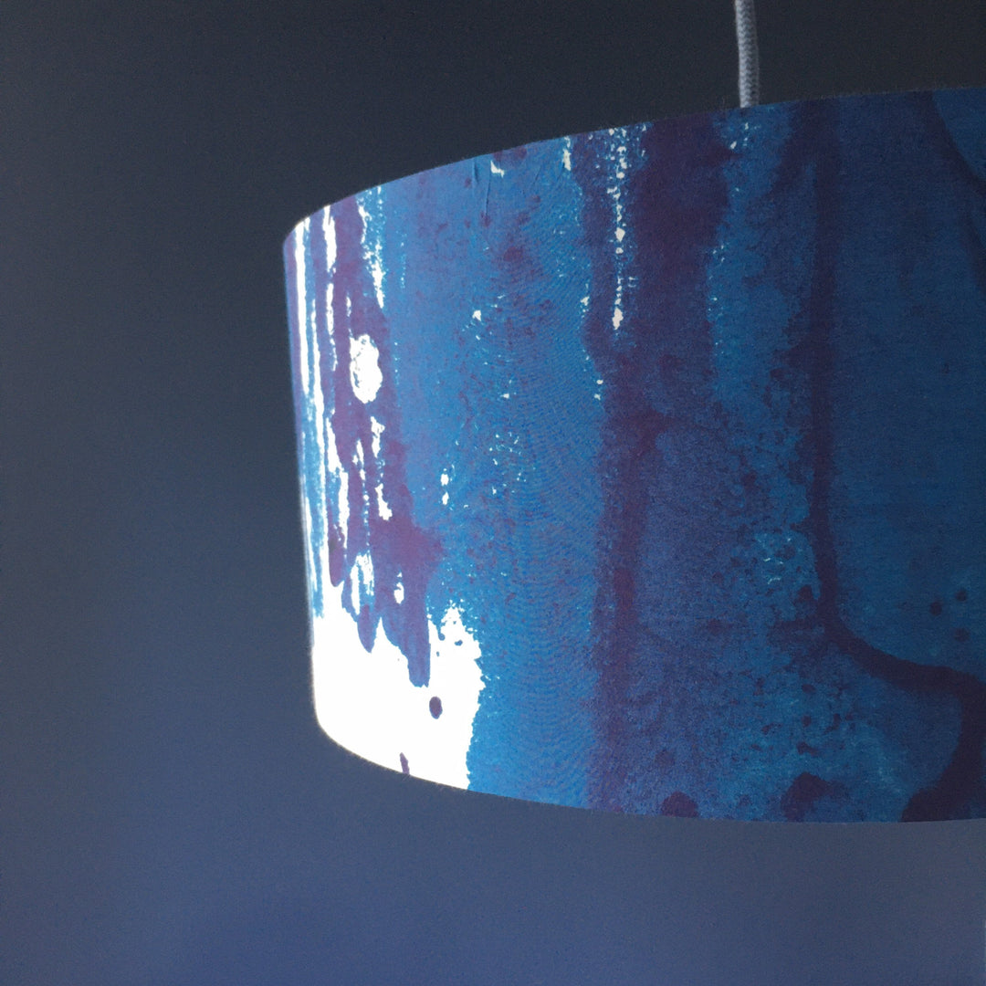 Sea print lampshade, 30cm diameter, handmade drum light shade, blue abstract sea print fabric