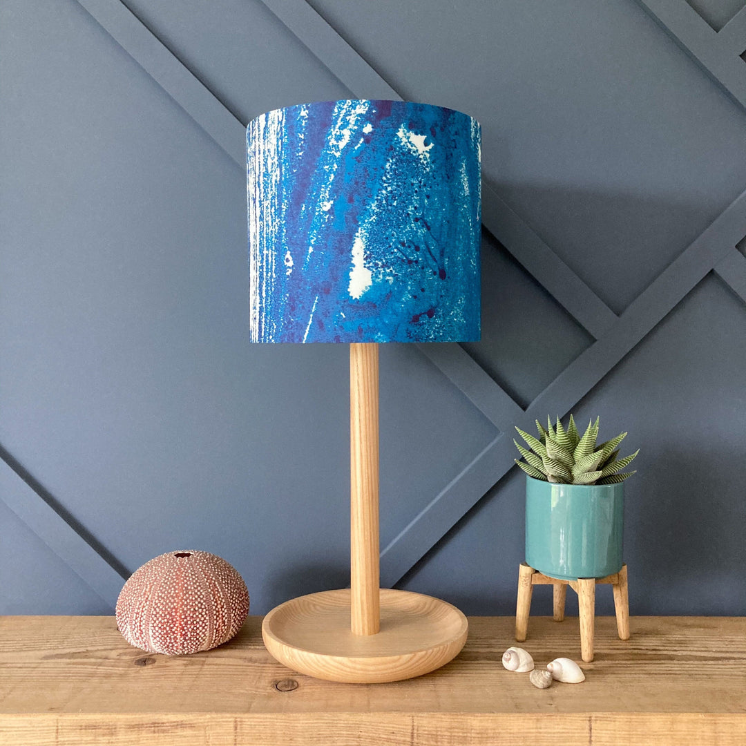 Sea print lampshade, 30cm diameter, handmade drum light shade, blue abstract sea print fabric