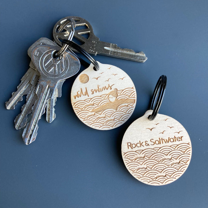 Wild swims key fob with ring | laser cut and etched birch plywood