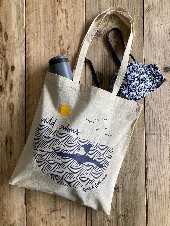 Wild swims screen printed cotton tote bag