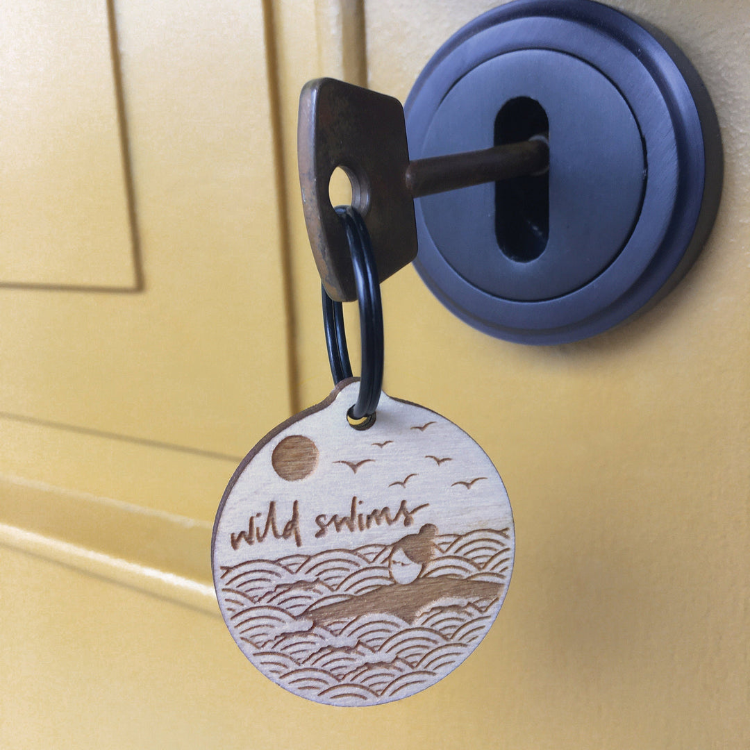 Wild swims key fob with ring | laser cut and etched birch plywood