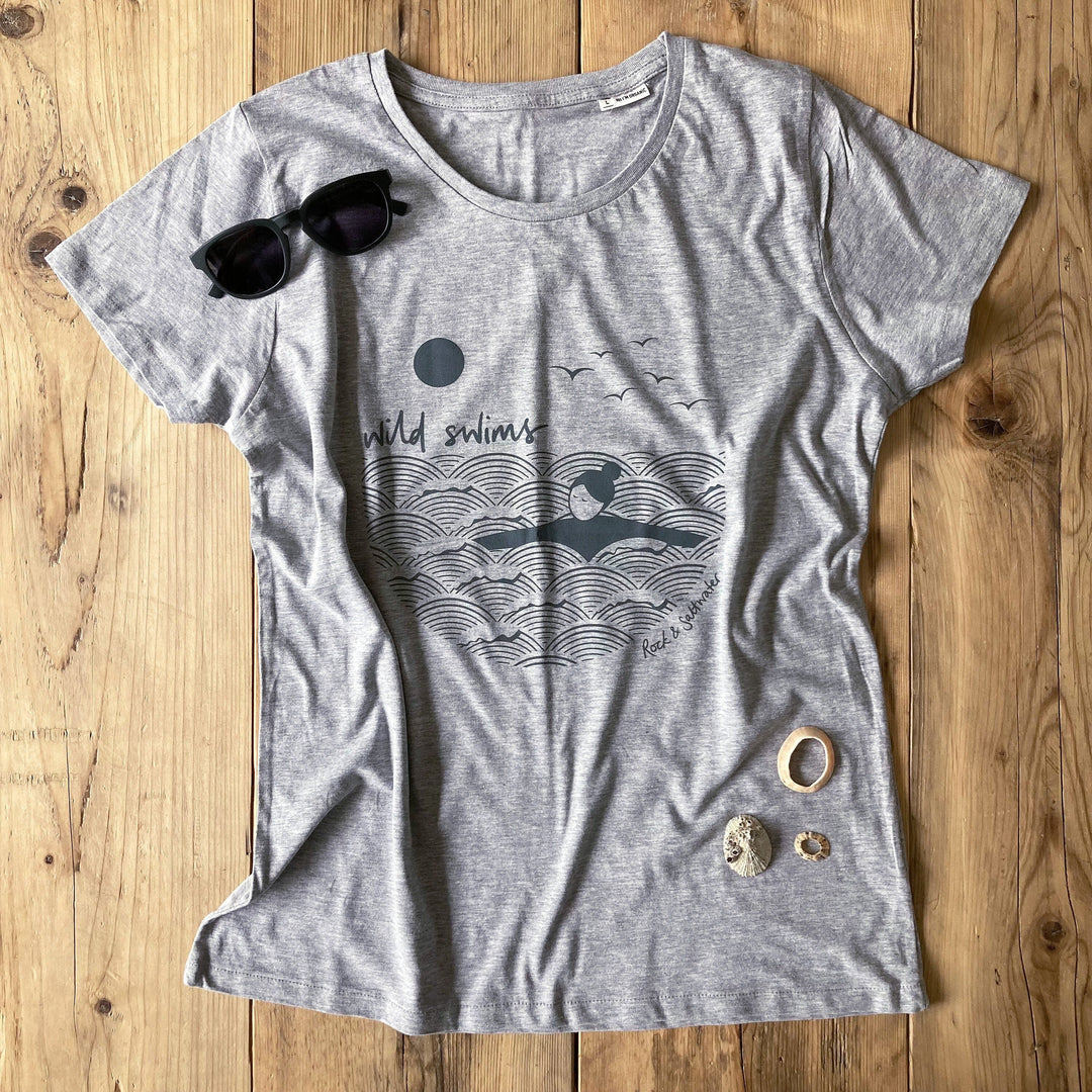 Fog grey | organic cotton hand screen printed wild swimming women's t-shirt